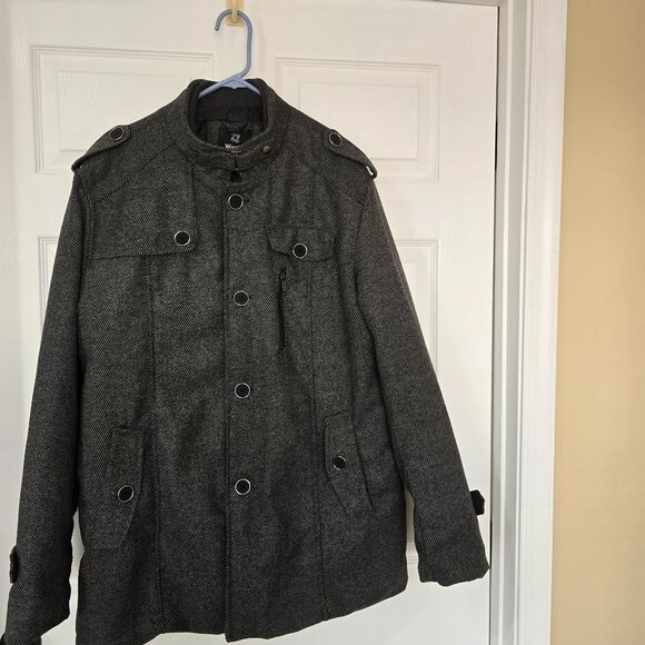Wantdo Men's Wool Blend Stand Up Collar Pea Coat Quilted Lining Grey Black Sz XL - Picture 1 of 13